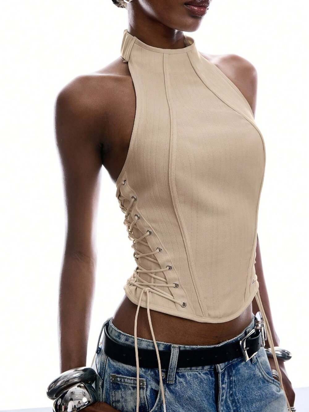 Khaki Casual Women's Minimalist Tie-Back Sleeveless Top